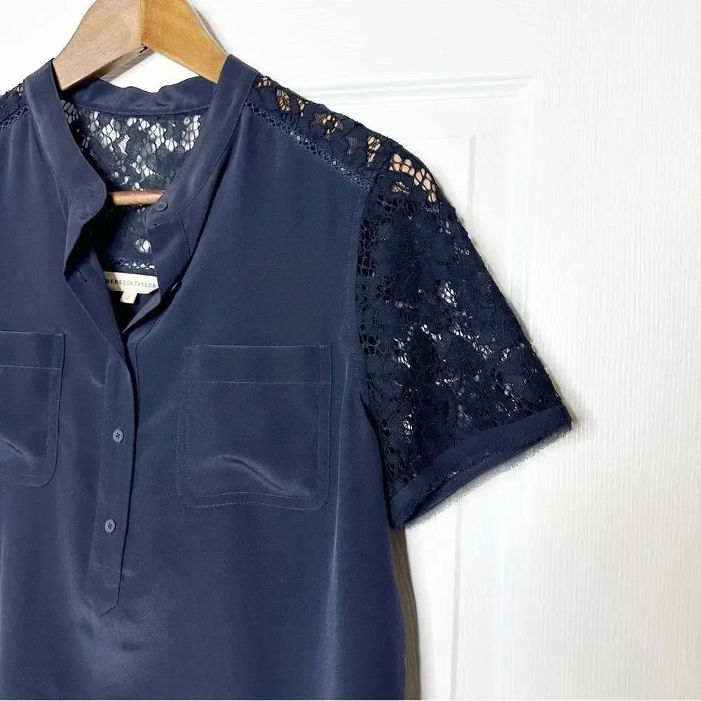 REBECCA TAYLOR 100% Silk Dark Blue Navy Crop Top Lace Short Sleeve Size‎ 2 - Picture 3 of 7